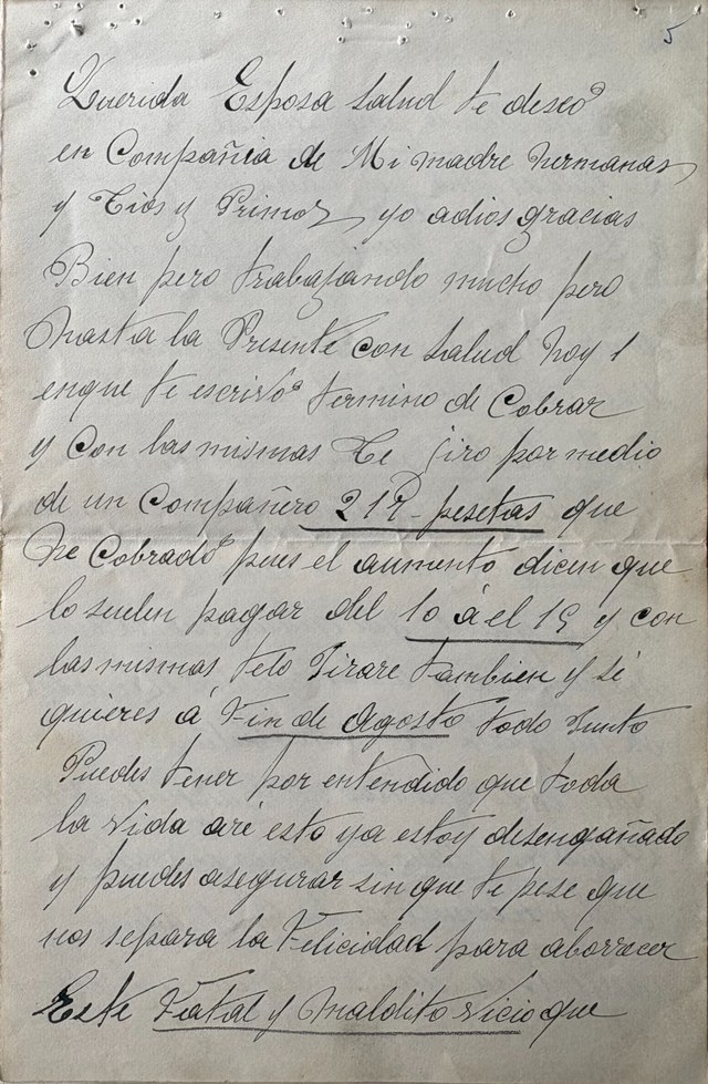 Primera hoja de una carta manuscrita de Pedro a Paca