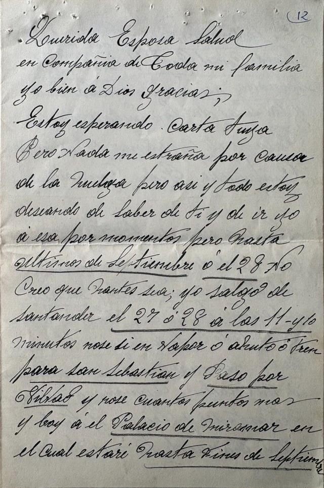 Primera hoja de una carta manuscrita de Pedro a Paca, desde el Palacio de Miramar, 1922