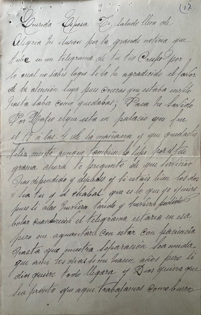 Primera hoja de una carta manuscrita de Pedro a Paca, con noticias de la familia, 1923