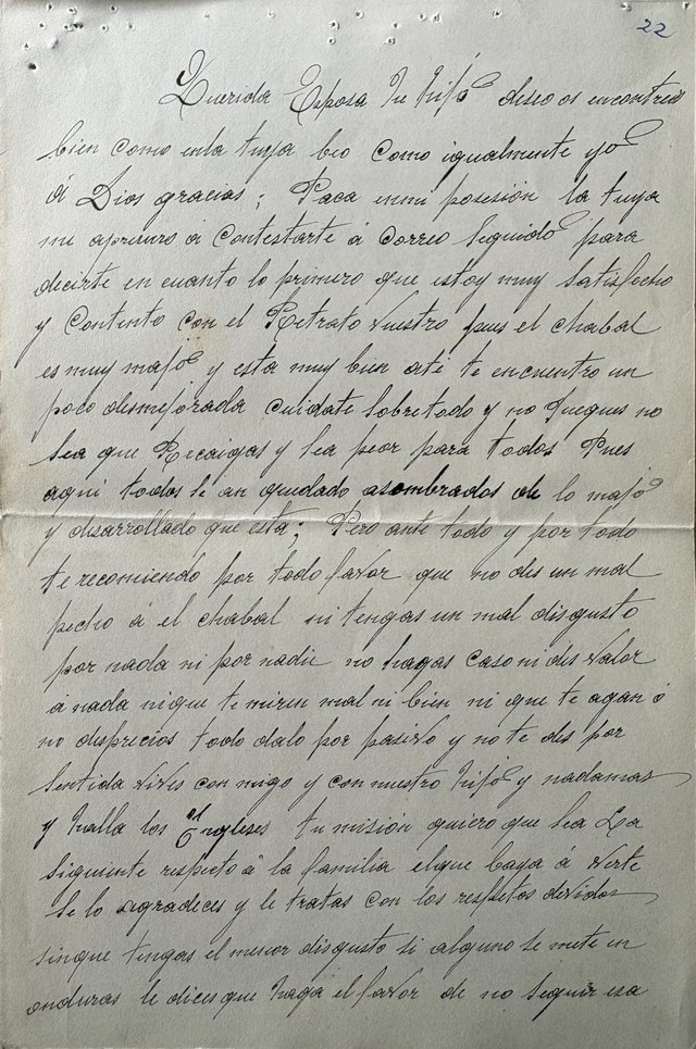Primera hoja de una carta manuscrita de Pedro a Paca, con consejos sobre el niño, 1923