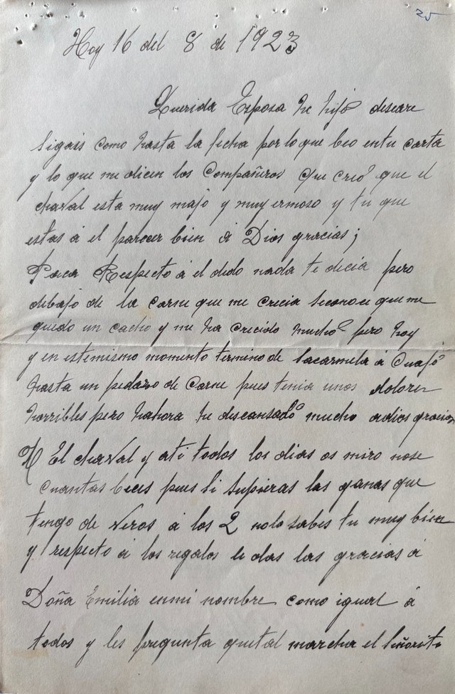 Primera hoja de una carta manuscrita de Pedro a Paca, camino de San Sebastián, 1923