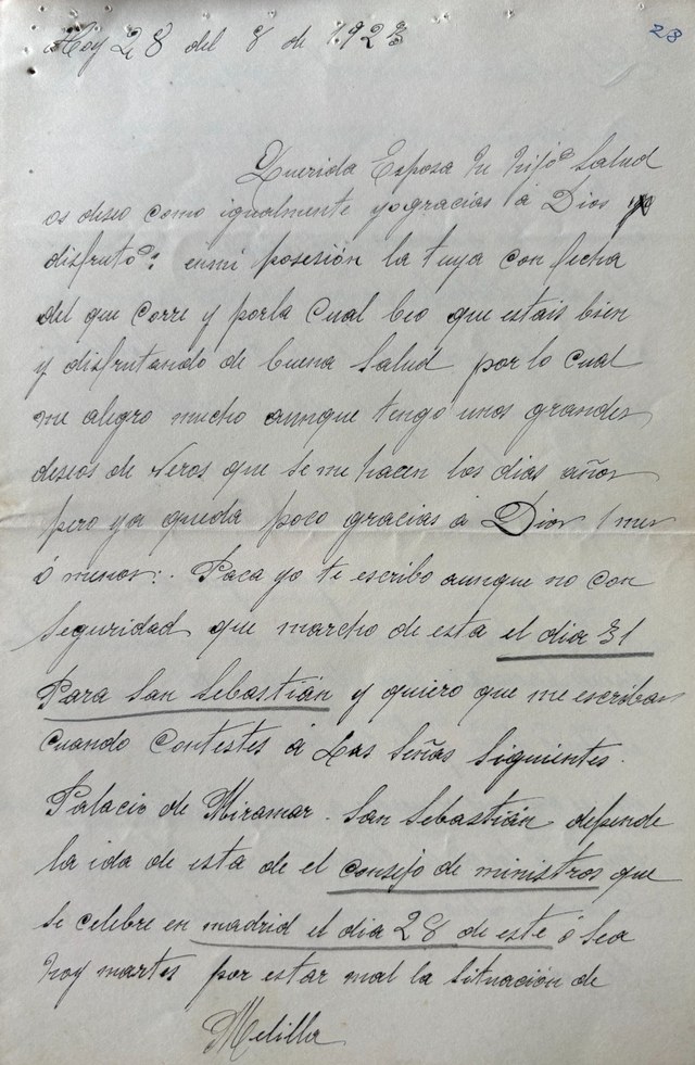 Primera hoja de una carta manuscrita de Pedro a Paca, sobre la situación de Melilla, 1923