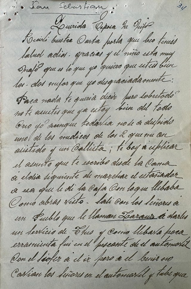 Primera hoja de una carta manuscrita de Pedro a Paca, sobre su enfermedad en San Sebastián, 1923
