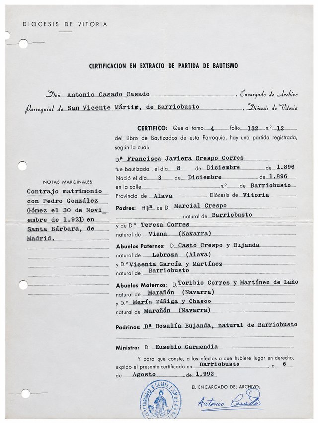 Certificación en extracto de la partida de bautismo de Francisca Crespo Corres, 1896