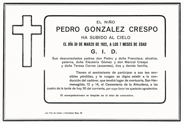 Esquela de Pedrito González Crespo, publicada en La Voz de León, 1922