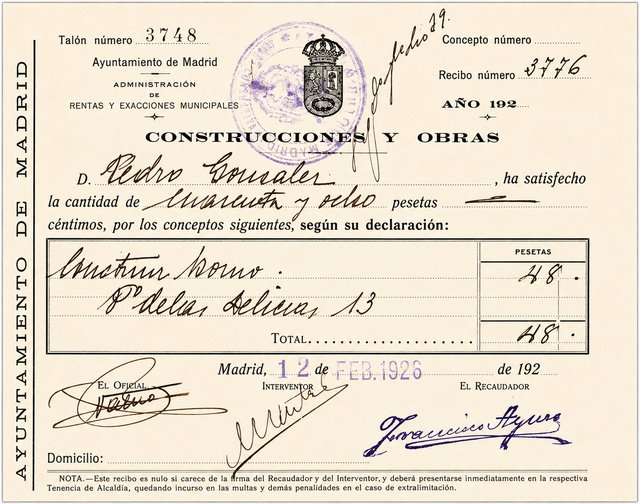 Recibo de la licencia de obra para construir el horno, Paseo de las Delicias, 1926