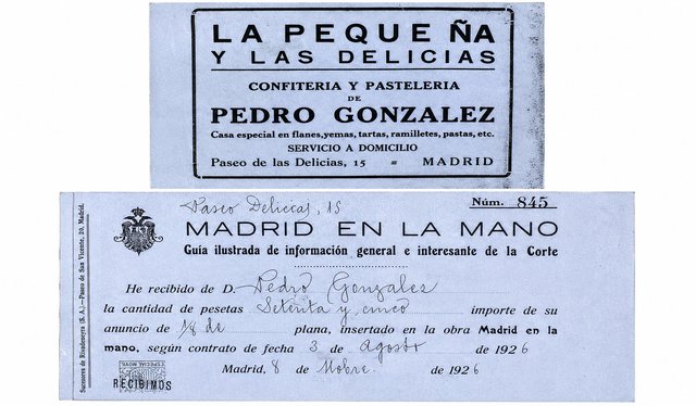 Anuncio de La Pequeña y Las Delicias y recibo de la guía Madrid en la Mano, 1926