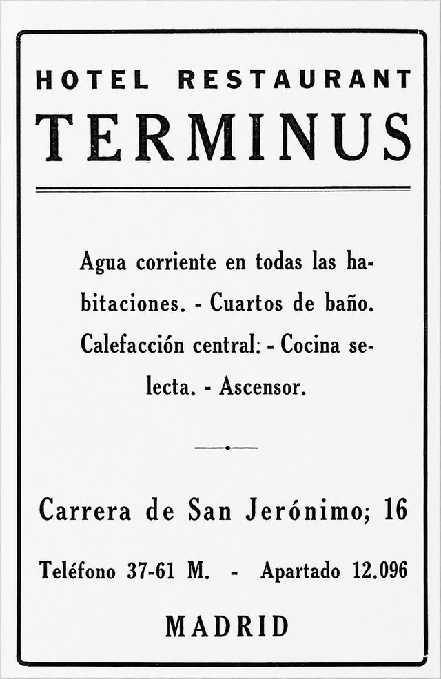 Anuncio del Hotel Restaurant Terminus, Carrera de San Jerónimo, Madrid