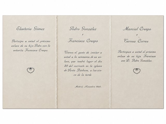 Portada ilustrada de la invitación de boda de Pedro González y Francisca Crespo, 1920
