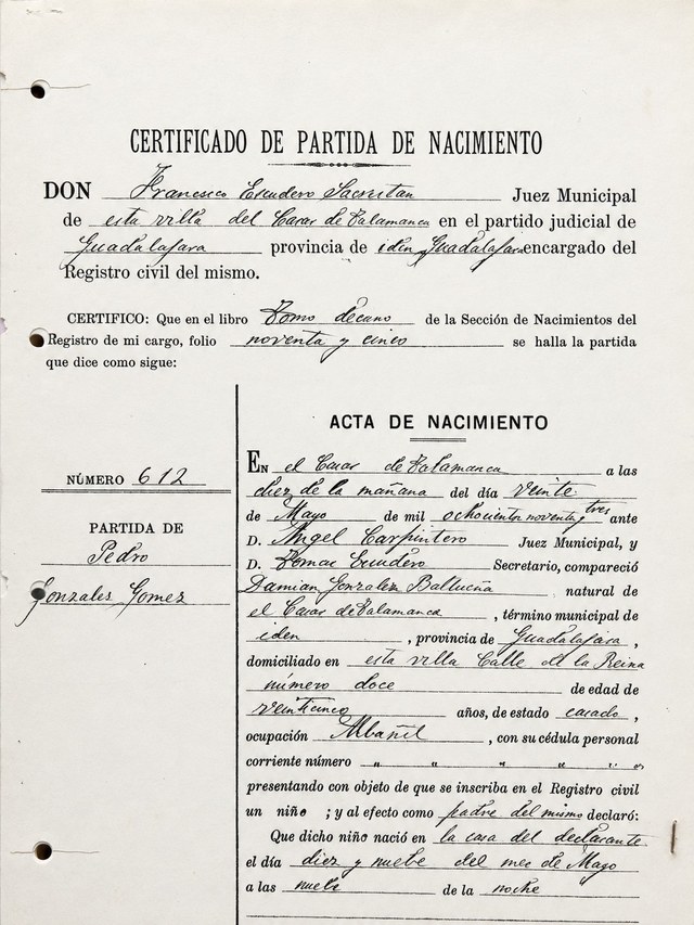 Certificado de partida de nacimiento de Pedro González Gómez, 1893