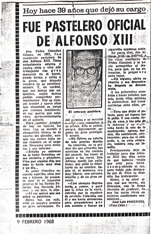 Portada del artículo Fue pastelero oficial de Alfonso XIII, 1968