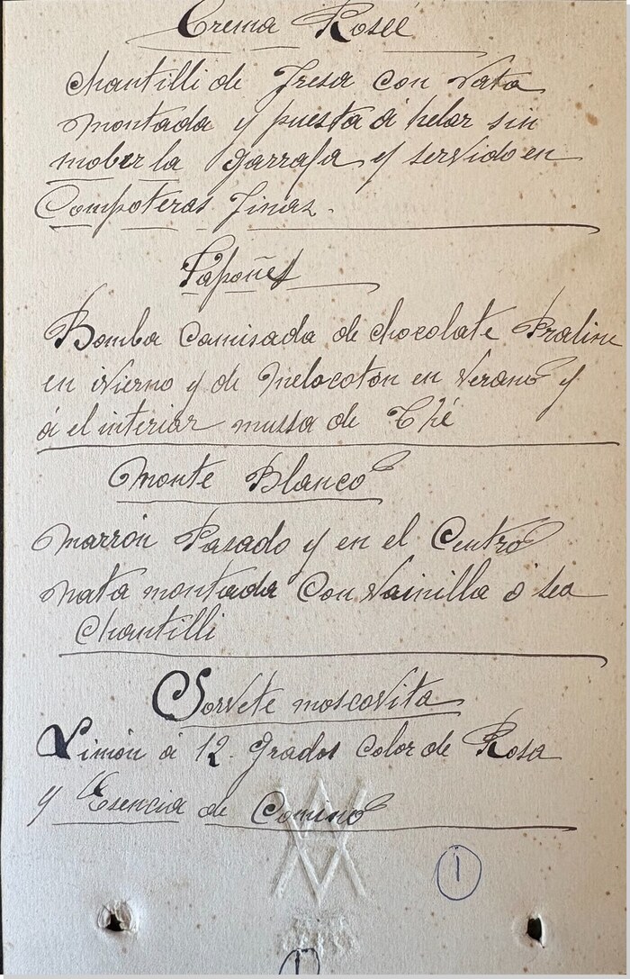 Cuartilla manuscrita con recetas de postres, enero de 1923