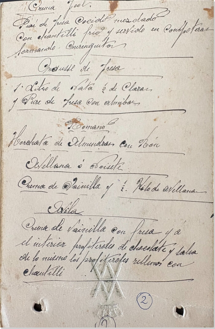Cuartilla manuscrita con recetas de cremas y postres, octubre de 1922