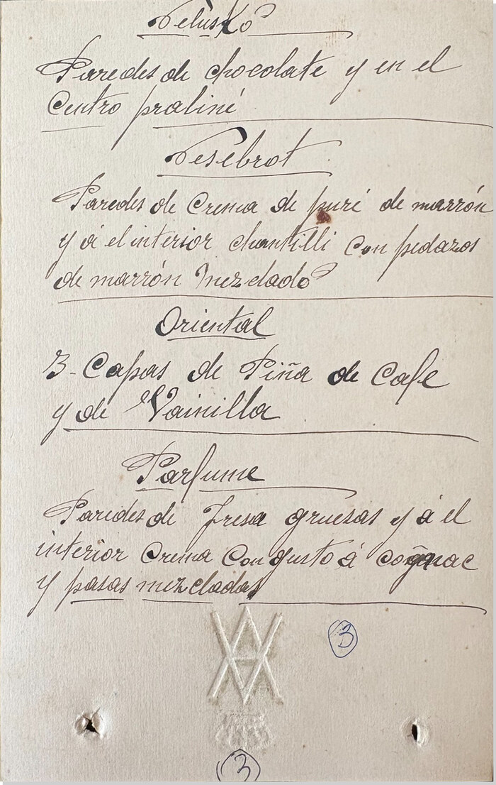 Cuartilla manuscrita con recetas de postres, febrero de 1923