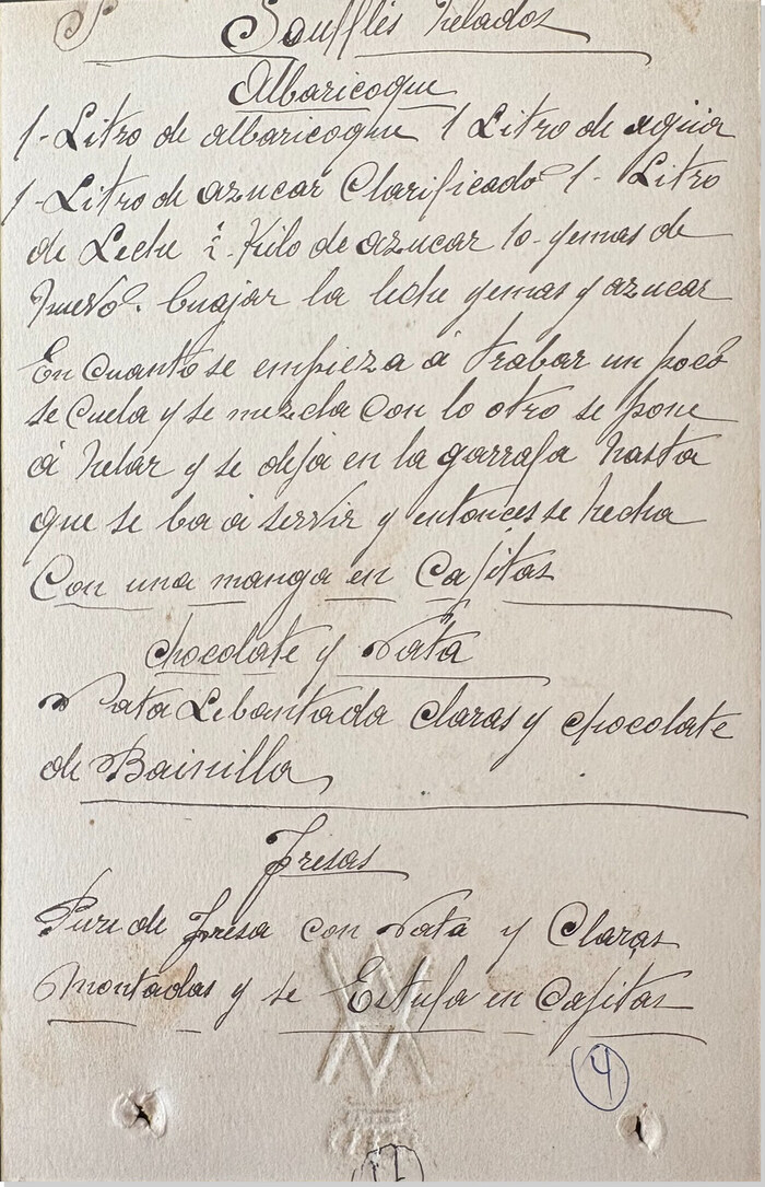 Cuartilla manuscrita con recetas de souflés helados, enero de 1923