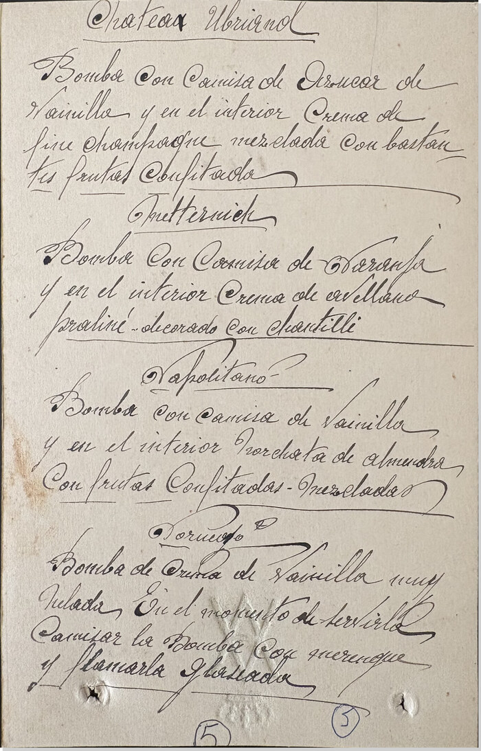 Cuartilla manuscrita con recetas de postres, enero de 1923