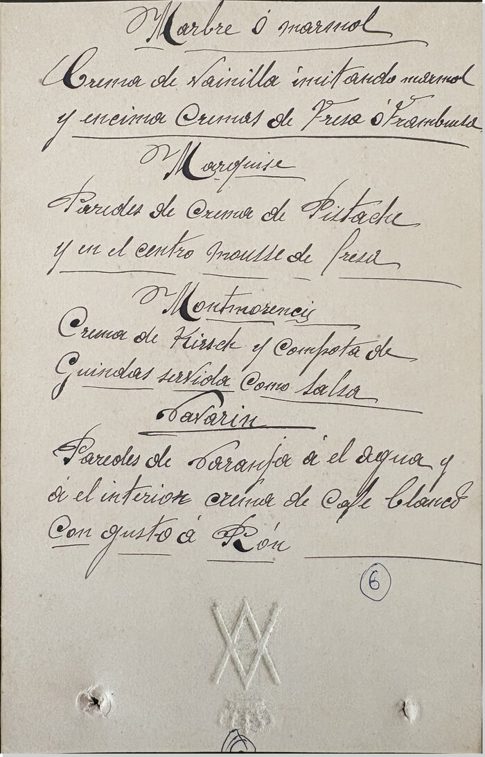 Cuartilla manuscrita con recetas de postres, febrero de 1923