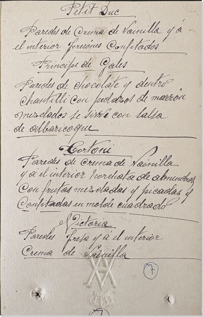Cuartilla manuscrita con recetas de postres, febrero de 1923