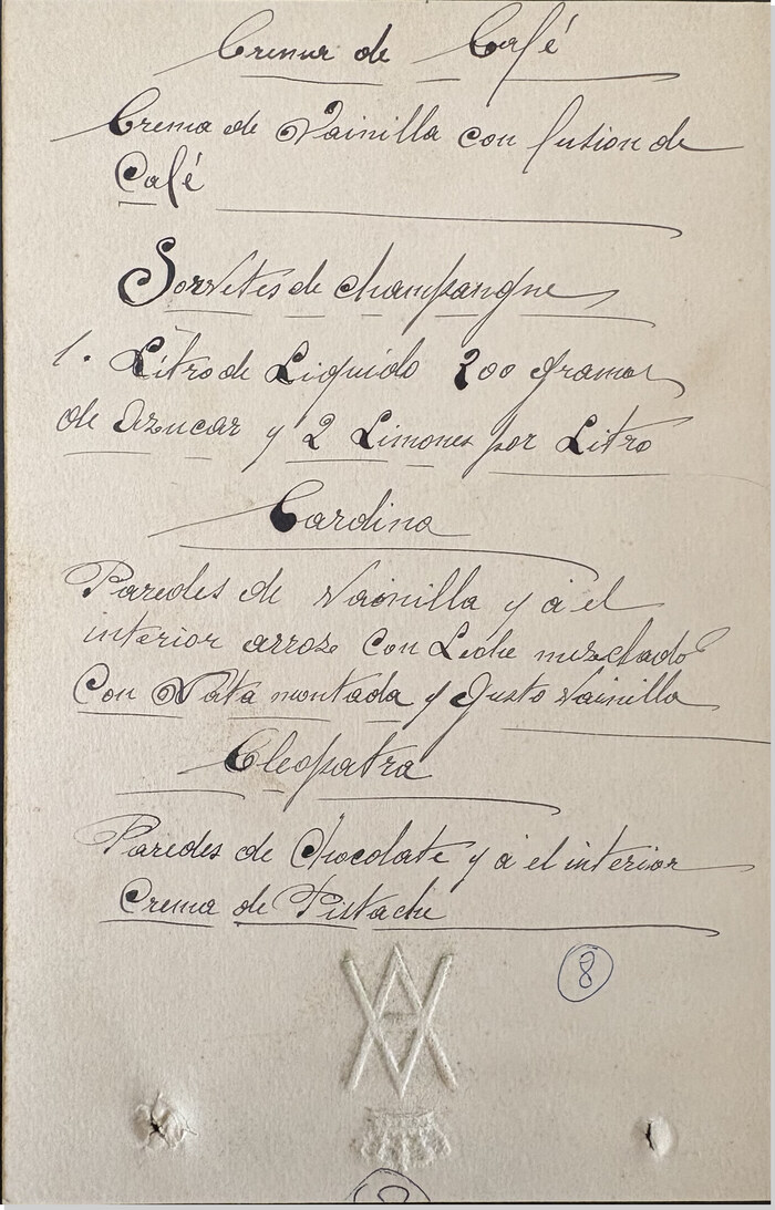 Cuartilla manuscrita con recetas de postres, octubre de 1922