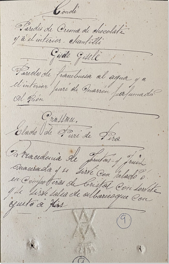 Cuartilla manuscrita con recetas de postres, octubre de 1922