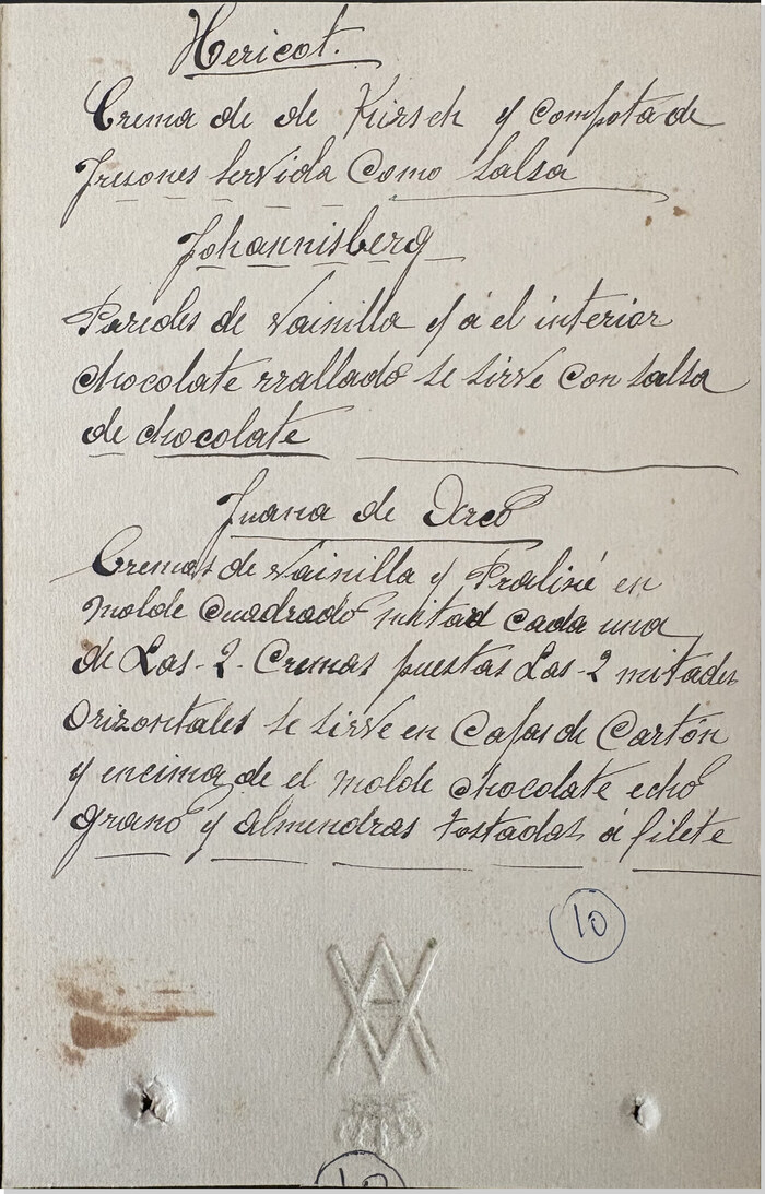 Cuartilla manuscrita con recetas de postres, febrero de 1923