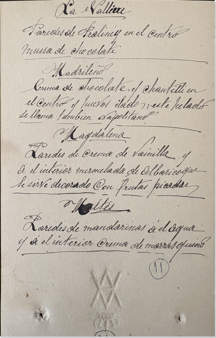 Cuartilla manuscrita con recetas de postres, febrero de 1923