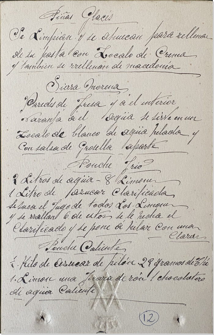 Cuartilla manuscrita con recetas de postres, enero de 1923